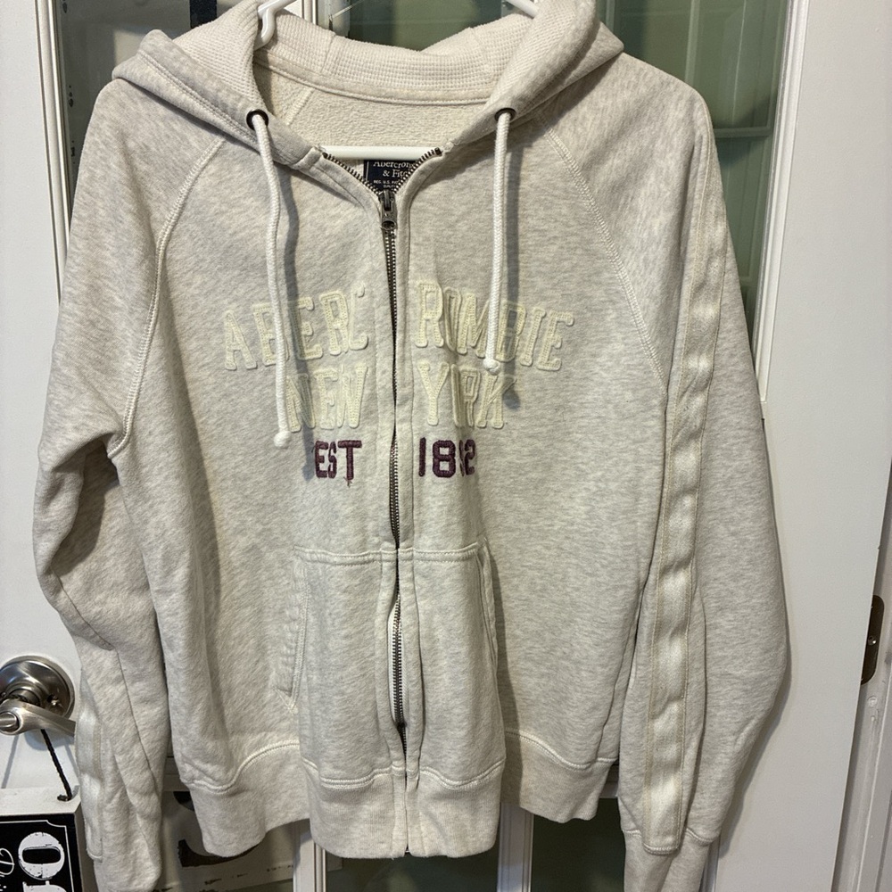 Abercrombie & Fitch Cream Zip Hoodie with Embroidered Logo Sz M